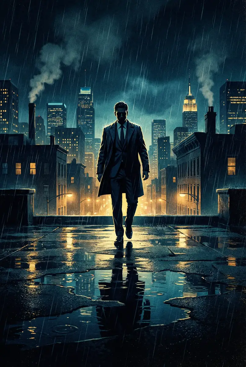 qq空间设置 出品影片《雨夜独行者》海报，雨中城市屋顶男性剪影